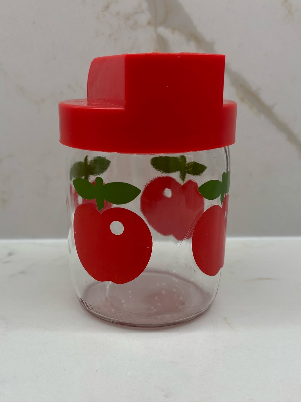 Vintage Glass Red Apple Sugar Dispenser Pot Pichet Plastic Lid Henkel France